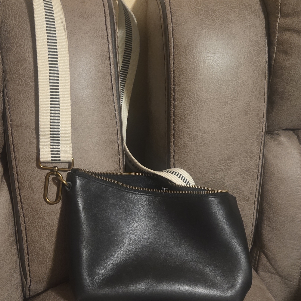 Madewell Black Leather Crossbody Bag with Striped Strap